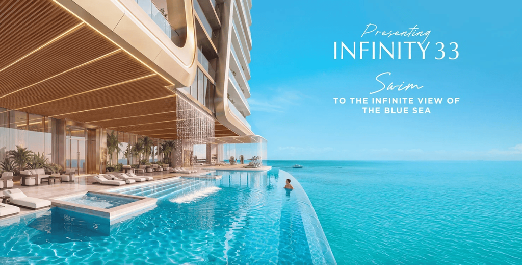 Shahrukhz Residences by Danube infinity pool overlooking the sea in Dubai Maritime City